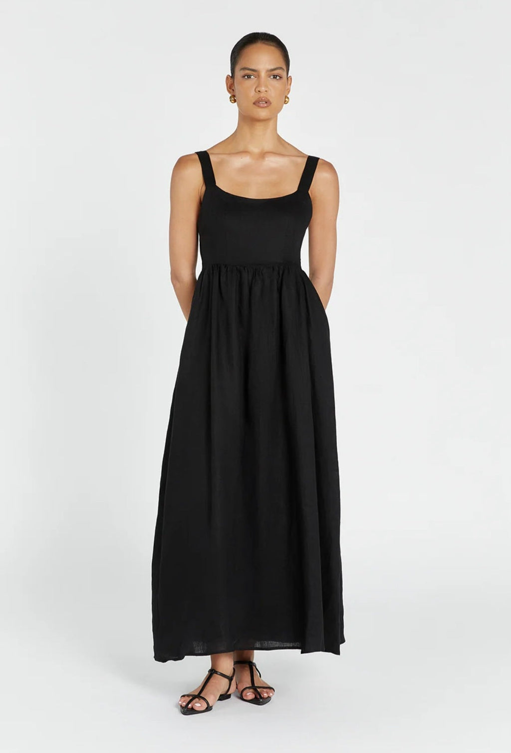 Black Linen Dress with Straps-0