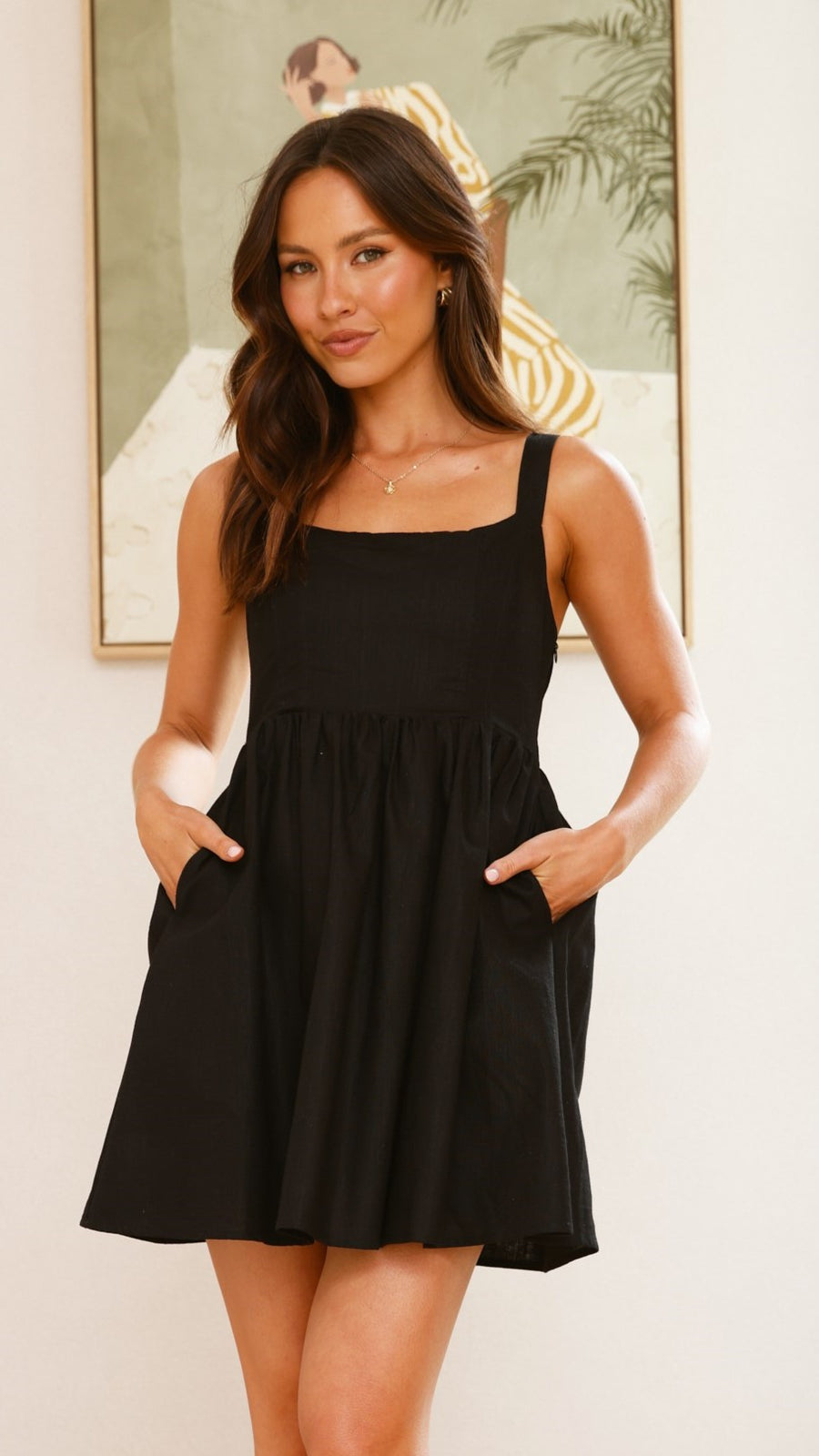 Black Linen Smocked Back Mini Dress – Square Neck Sleeveless Dress-1